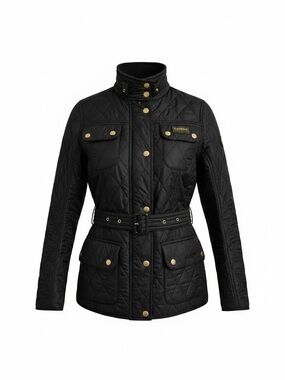 Barbour International Polarquilt Jacket Black Quilted Moto Biker Belted US 6